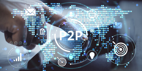 Person using digital tablet with P2P financial technology interface and global fintech icons over dark background representing peer-to-peer lending.