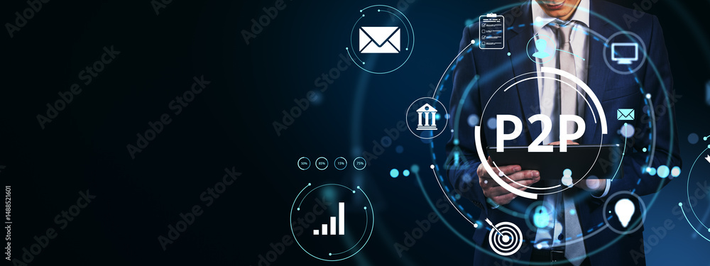 Poster Businessman using tablet with P2P finance icons and digital elements on dark background representing peer-to-peer technology concept.