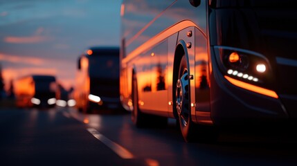 Evening bus journey along a highway with vivid sunset sky colors