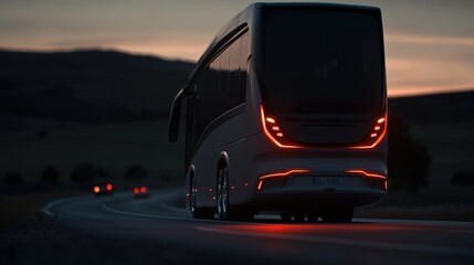Modern bus traveling down a winding road during twilight hours with vibrant tail lights