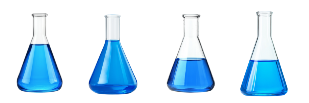 A set of conical flask filled with blue solution used in chemistry labs isolated on a transparent background - Powered by Adobe