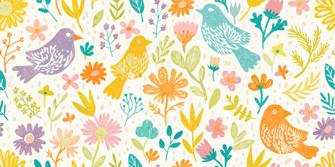 Pastel Birds and Flowers Seamless Pattern
