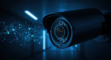 Security camera close-up with digital network overlay in a dark environment.