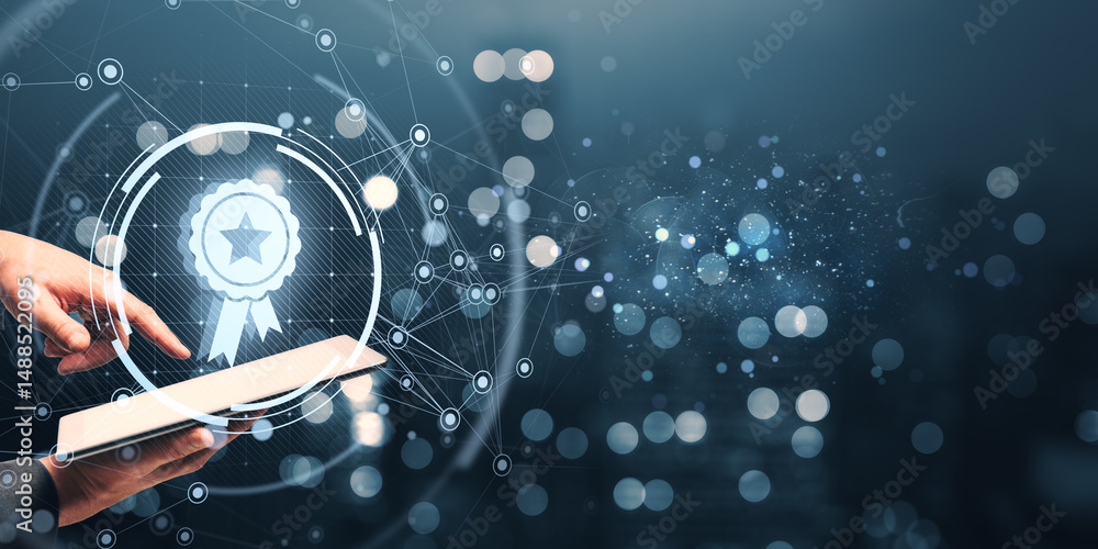 Poster business person interacting with digital tablet showing abstract award badge symbol on futuristic te