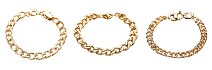 A set of elegant gold bracelet with delicate chain and shiny finish isolated on a transparent background