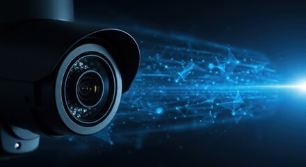 Security camera with blue light beams suggesting surveillance or technology concept.