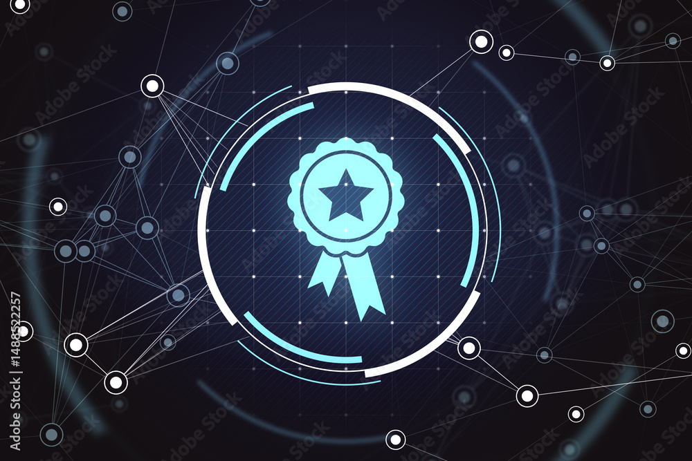 Aufkleber Digital quality badge icon with star in futuristic interface design on dark grid background with glowing blue neon elements and network symbols. 3D Rendering