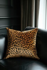 Leopard print pillow on sofa.