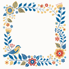 Floral Frame with Bird: Blue, Yellow, Red Flowers Border