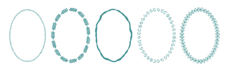 Set of hand drawn oval frames with various decorative borders. Cute and whimsical design elements. Vector illustration
