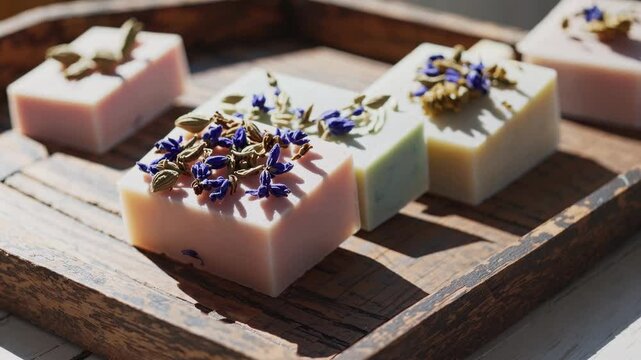 Close-up video of artisanal soaps with dried flowers on a wooden tray. Shot at a low angle, capturing natural light and rustic textures.