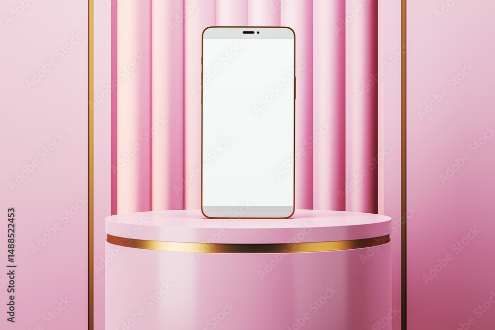 Leinwandbilder Modern smartphone with blank screen displayed on pink luxury pedestal with abstract background for branding or product presentation template. 3D Rendering