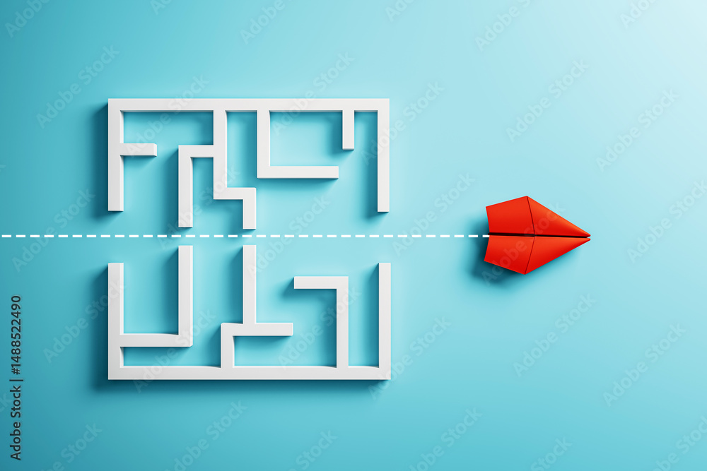 Aufkleber Red paper plane flying straight past 3D maze symbolizing leadership, solving complexity and innovative strategy with light blue gradient background. 3D Rendering