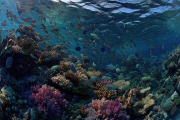 Fototapeta premium Underwater world of colorful reefs teeming with fish and coral life