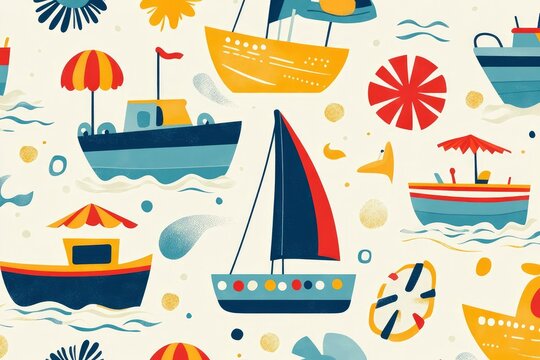 seamless childrenÃ¢â‚¬â„¢s design with boats, cars and beach umbrellas in cheerful tones