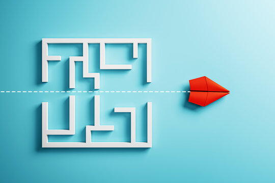 Red paper plane flying straight past 3D maze symbolizing leadership, solving complexity and innovative strategy with light blue gradient background. 3D Rendering