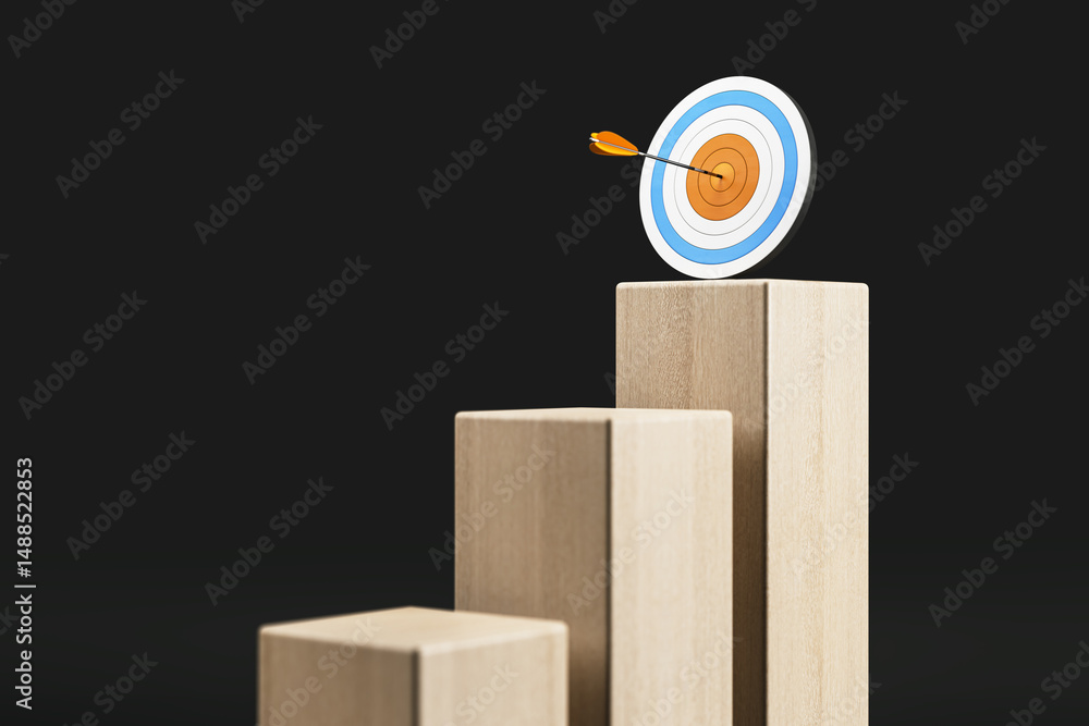 Poster wooden staircase blocks ascending to a bullseye target with arrow on black background representing g