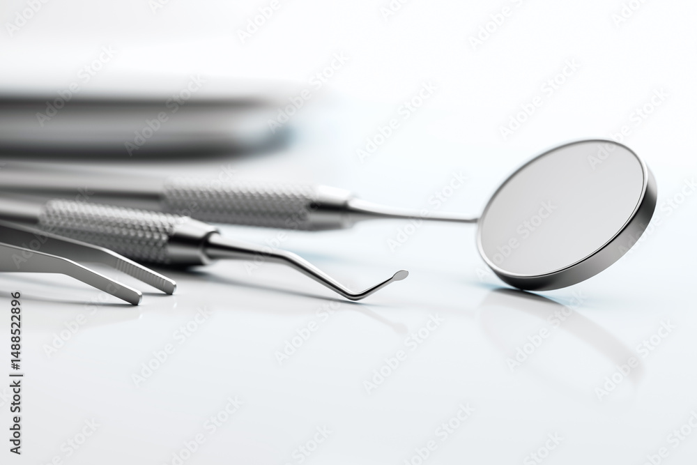 Poster closeup of clean stainless steel dental tools on glossy white surface with soft light and blurred ba
