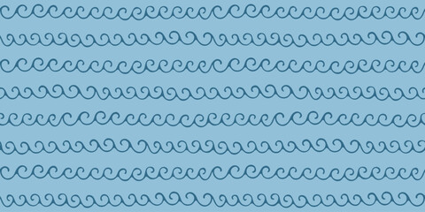 Seamless hand-drawn wave pattern in blue colors. Nautical, abstract, and geometric design, perfect for textiles, backgrounds, and decorative purposes.