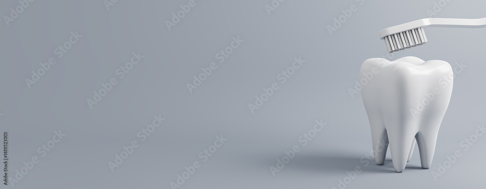 Aufkleber Tooth with toothbrush mockup on light background, clean dental hygiene concept with empty copy space for design layout template. 3D Rendering