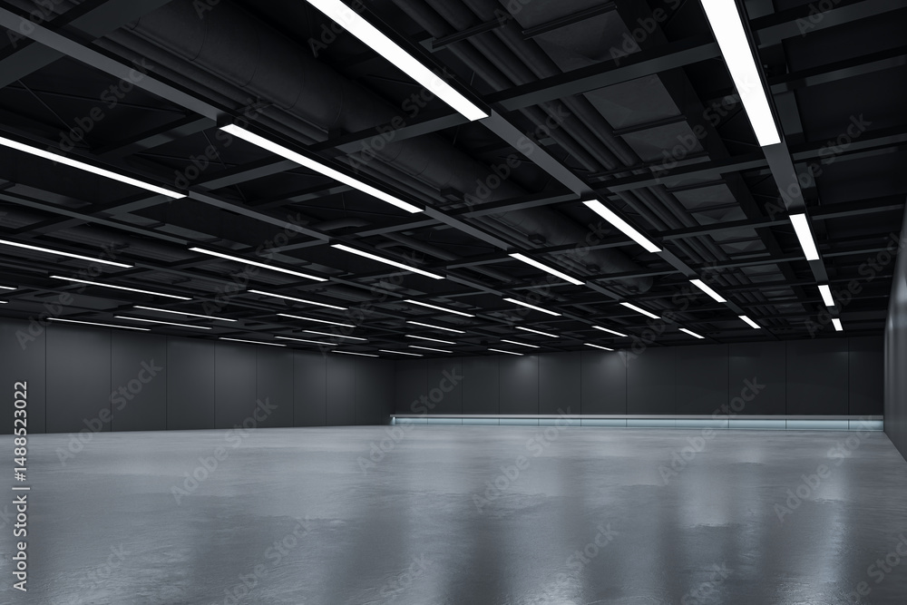 Poster empty industrial interior with dark ceiling lights and clean reflective floor, ideal for branding mo