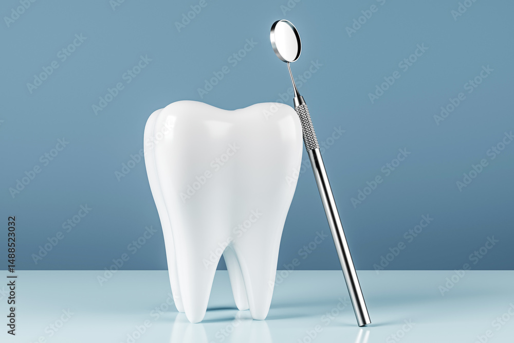 Poster white tooth model with dental mirror on light blue modern background for oral health and hygiene des