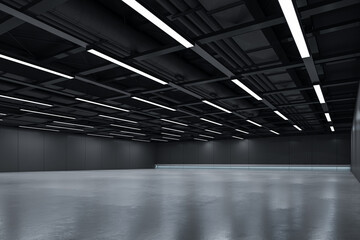 Empty industrial interior with dark ceiling lights and clean reflective floor, ideal for branding...