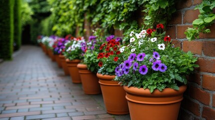 Vibrant red, purple, and white blooms in terracotta pots create a lively display along a garden path, where lush vines cascade over rustic brick walls, enhancing the tranquil atmosphere