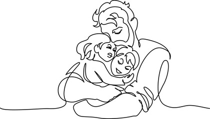 Happy Fathers Day holiday card. Dad hug his kids with big love.