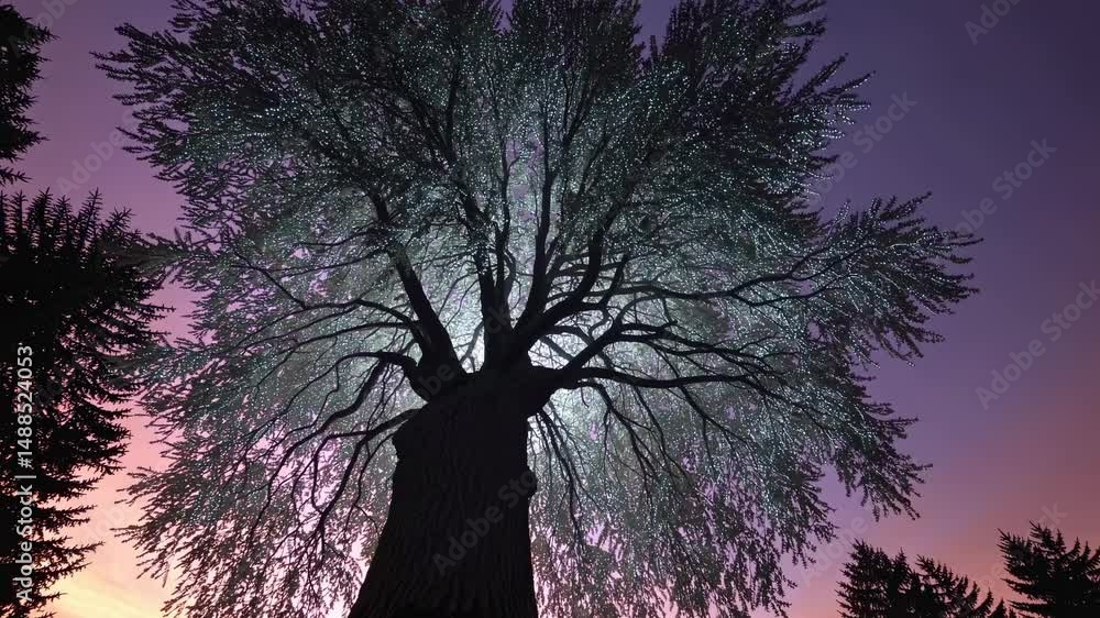 Poster low-angle shot of a tree against a twilight sky, creating a mystical, serene atmosphere. ideal for a