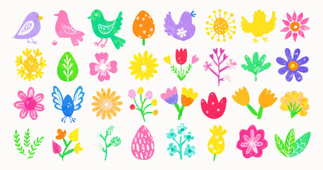 Colorful Spring Flowers Birds Easter Eggs Clipart Collection