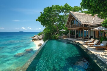 Fototapeta premium Luxurious tropical villa with infinity pool overlooking the turquoise ocean waters