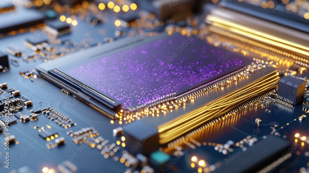 Poster close view of an advanced electronic circuit board displaying a prominent chip with an illuminated p