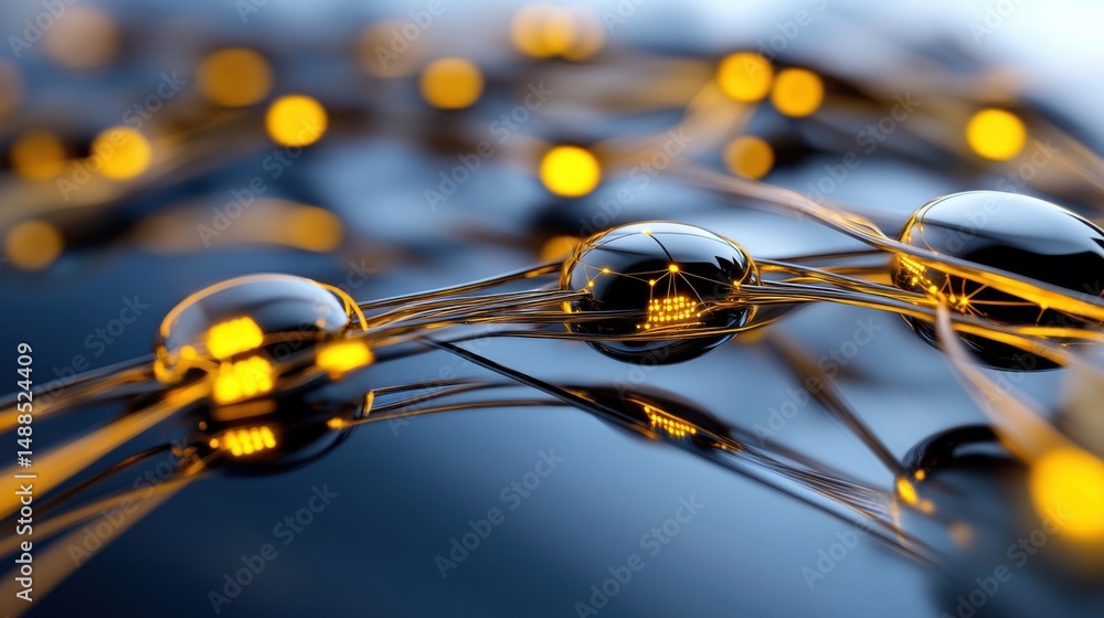 Poster close-up view of interconnected spheres and strands, showcasing their glossy surfaces illuminated by