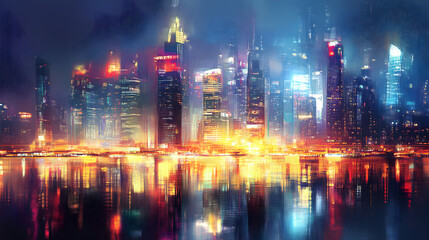 Fototapeta premium Glittering City Skyline Reflected on Water at Night in Colorful Lights