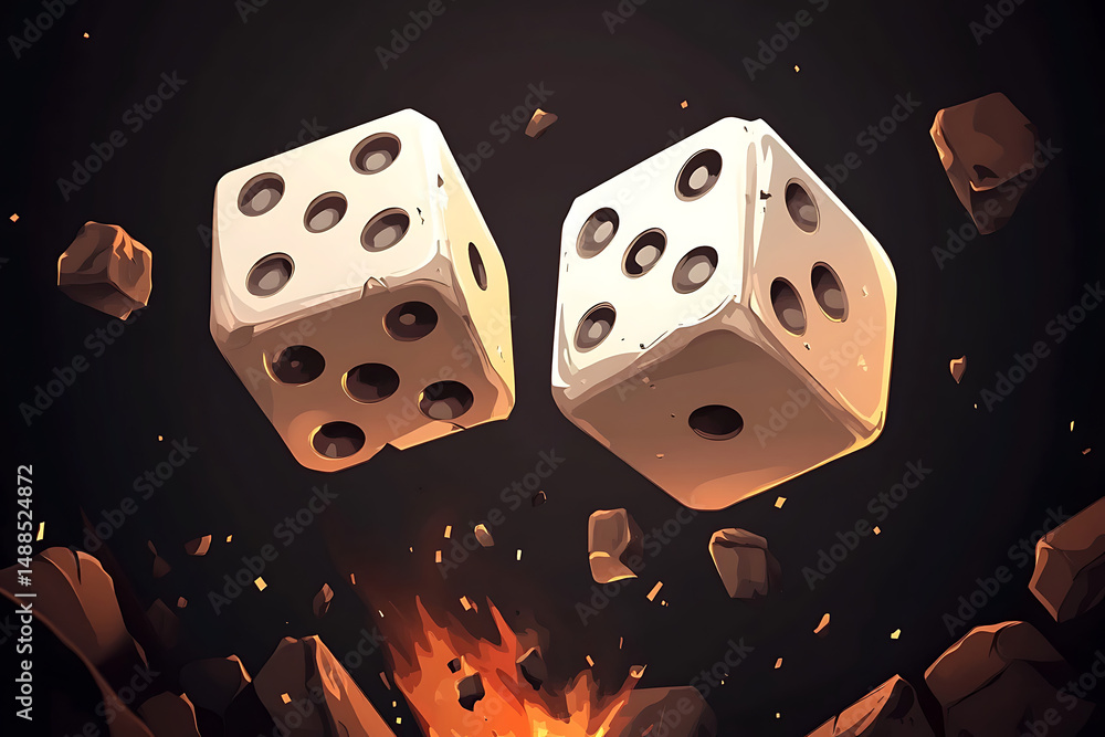 Poster two animated dice floating above a fiery background with rocks, symbolizing chance and gaming