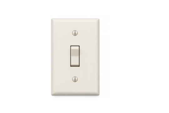White light switch flipped down, positioned against transparent backdrop, enabling seamless digital graphic integration