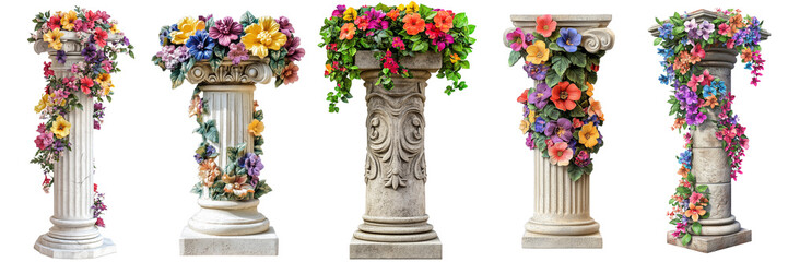 A set of high decorative stone pillar adorned with vibrant flowers isolated on a transparent background