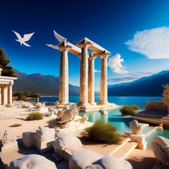 Surreal landscape ancient greece analog style. Generative AI	
