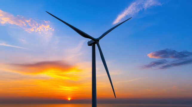 A wind turbine stands tall against a stunning sunset with vibrant colors reflecting on the water. The scene captures the essence of renewable energy and nature's beauty