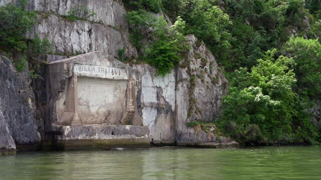 Trajan's Tableau (Tabula Traiana) seen from the boat in the Danube Cauldrons, 4k