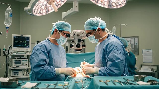 Male doctors performing thyroid surgery in the operating room, surgeons working in operating room.