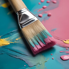 Fototapeta premium Close-up of Paintbrush with Pink, Teal, and Yellow Pigments 