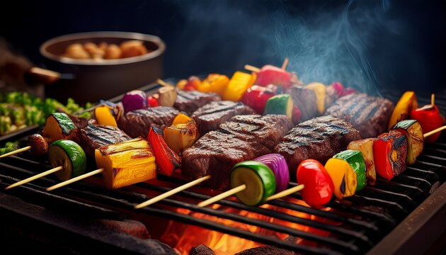 Gem&uuml;sespie&szlig;e und Steaks auf dem Grill