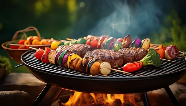 Gem&uuml;sespie&szlig;e und Steaks auf dem Grill