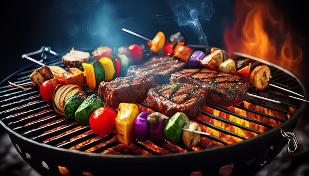 Gem&uuml;sespie&szlig;e und Steaks auf dem Grill