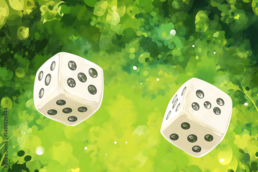 Aufkleber two dice rolling on a vibrant green background with soft bokeh effects and natural elements