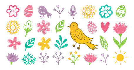 Colorful Easter Doodle Clipart: Flowers, Birds, Eggs