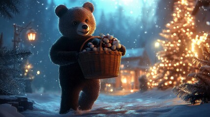 A cute teddy bear carrying a basket of gifts walks through a snowy winter village towards a glowing Christmas tree.