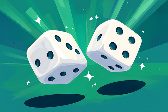 Two white dice rolling against a vibrant green background with sparkling effects
